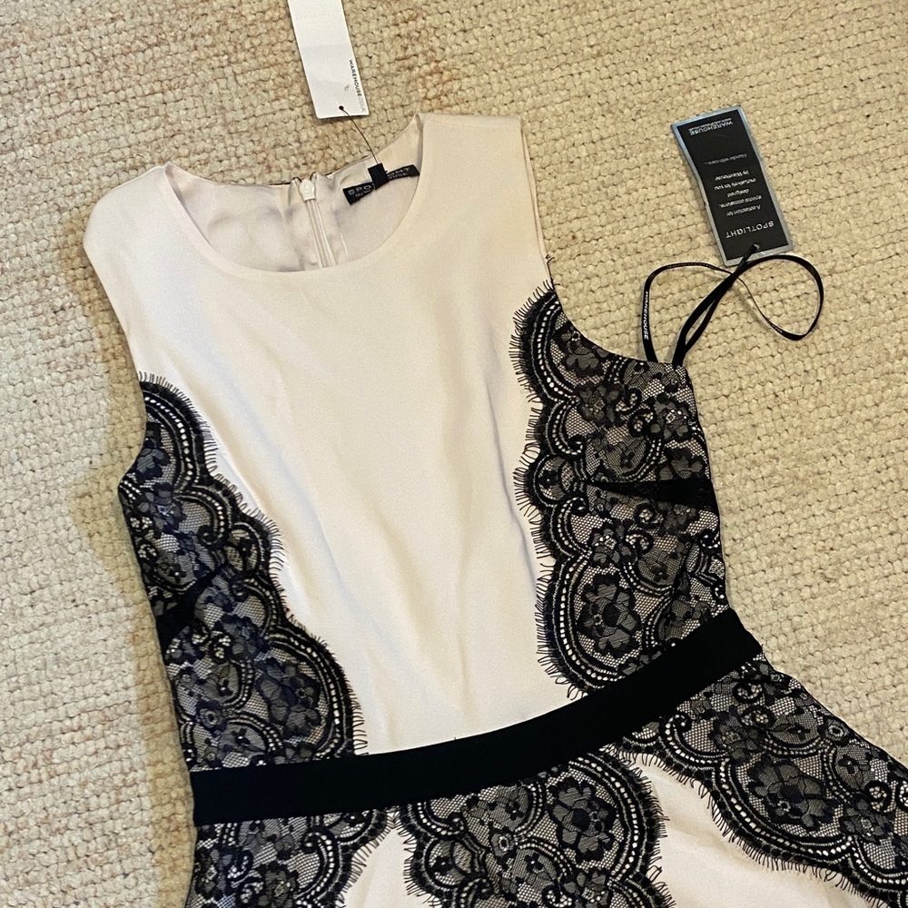 Chic Sleeveless Dress with Black Lace Accents